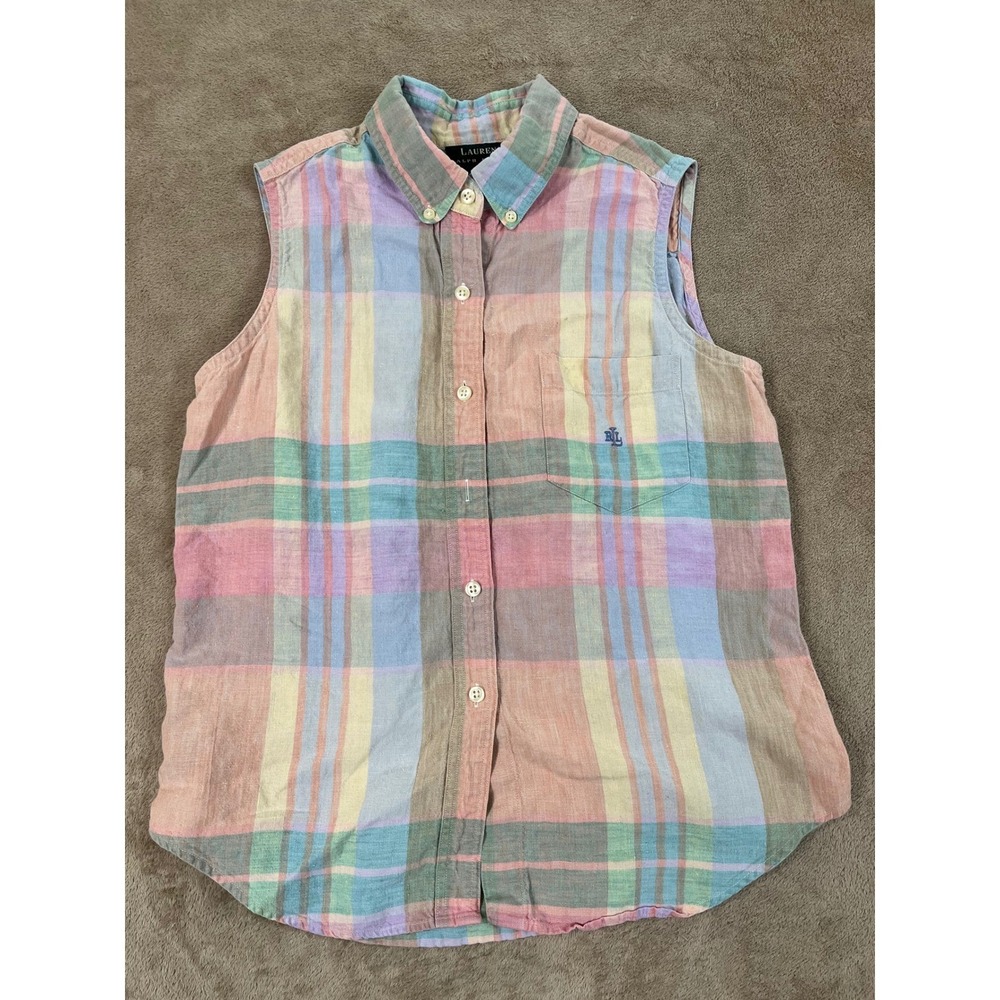 Lauren Ralph Lauren Linen Sleeveless Top Women M Pastel Multicolor Button Down